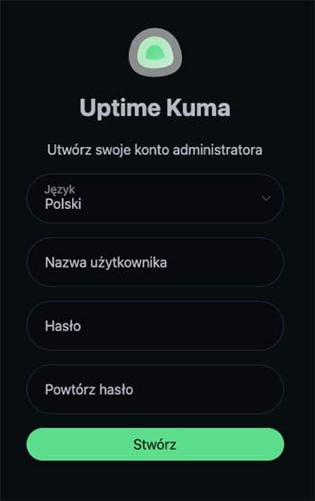 Uptime Kuma - tworzenie konta administratora