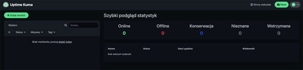 Uptime Kuma - główny panel sterowania
