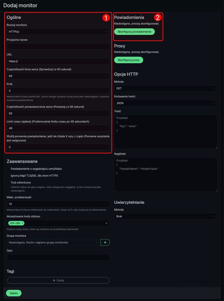 Uptime Kuma - dodawanie monitoringu