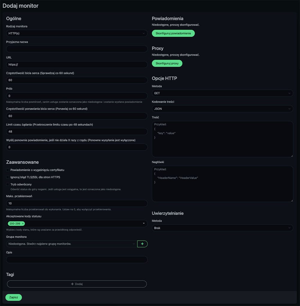 Uptime Kuma - dodawania monitoringu
