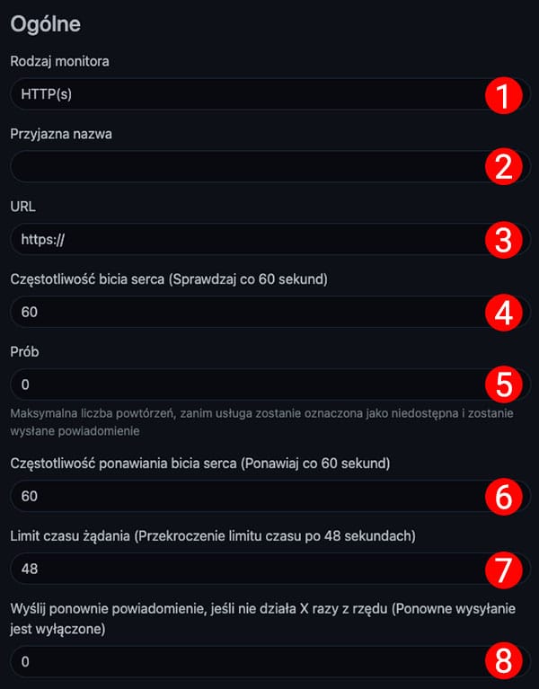 Uptime Kuma - sekcja Ogólne
