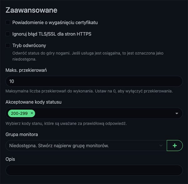 Uptime Kuma - sekcja Zaawansowane