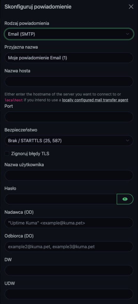 Uptime Kuma - sekcja powiadomienia