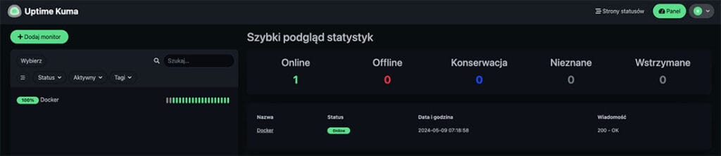 Uptime Kuma - panel sterowania z monitoringiem strony www